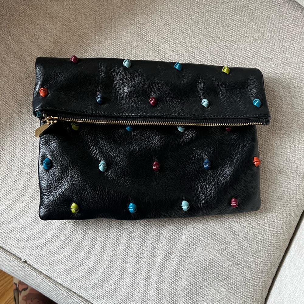 Tehra & b black leather knot foldover clutch